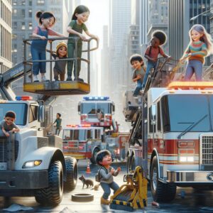 Children exploring city trucks