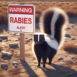 Skunk with rabies alert sign