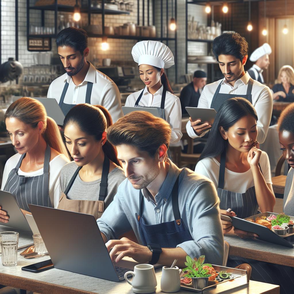 Restaurant staff studying computers