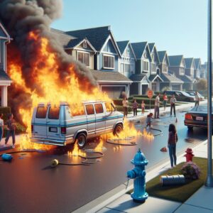 Burning van in neighborhood
