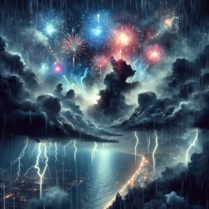 Fireworks in stormy weather