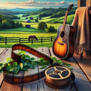 Guitar, film reel, Kentucky landscape