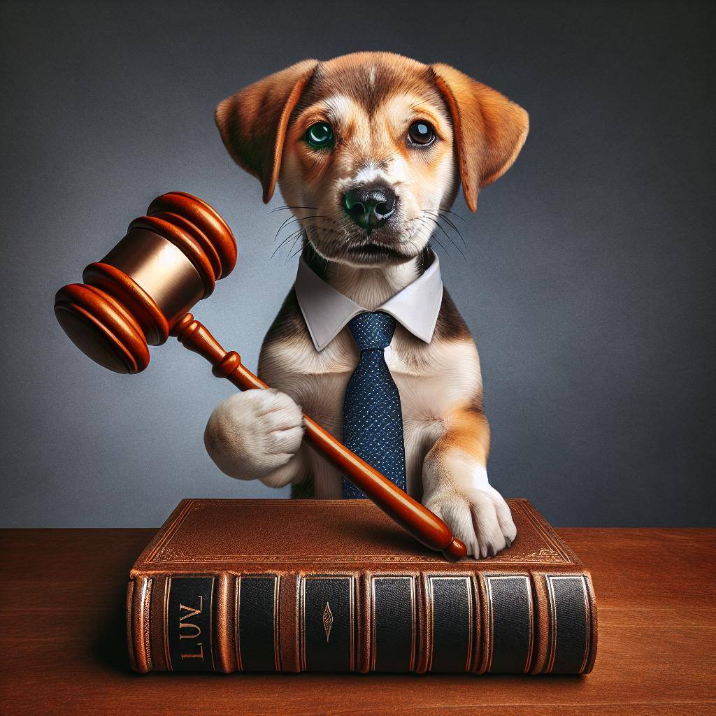 Dog with gavel on law book