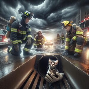 Firefighters rescuing kitten, storm drain