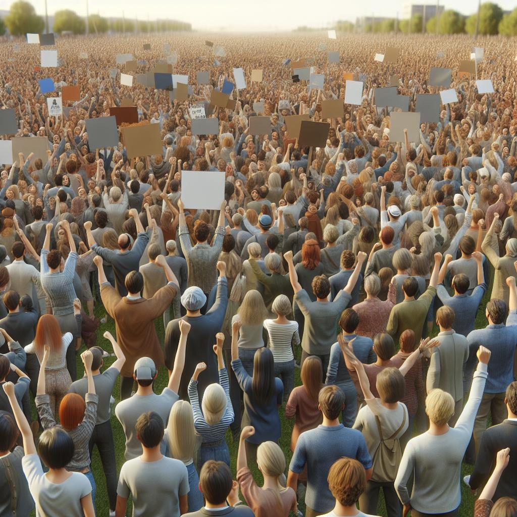 Political rally crowd cheering.