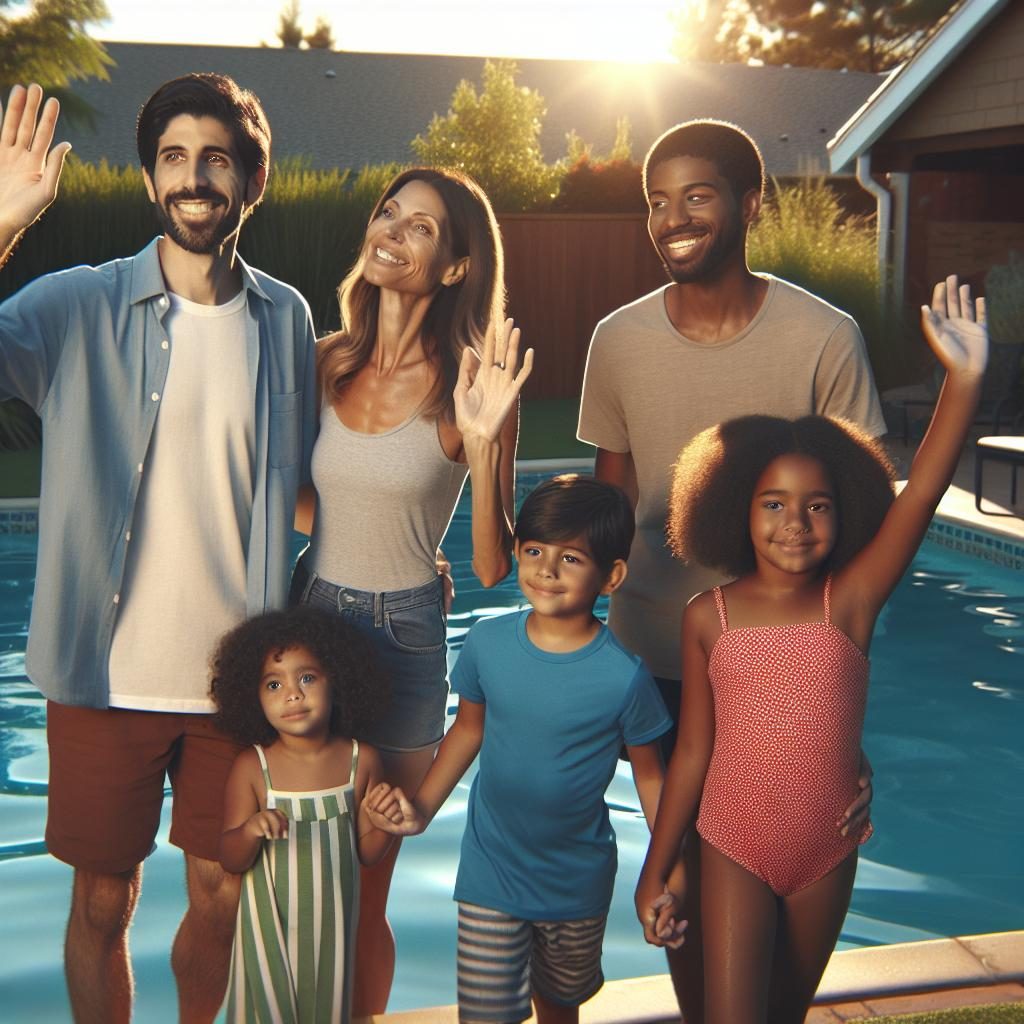 Family waving goodbye to pool