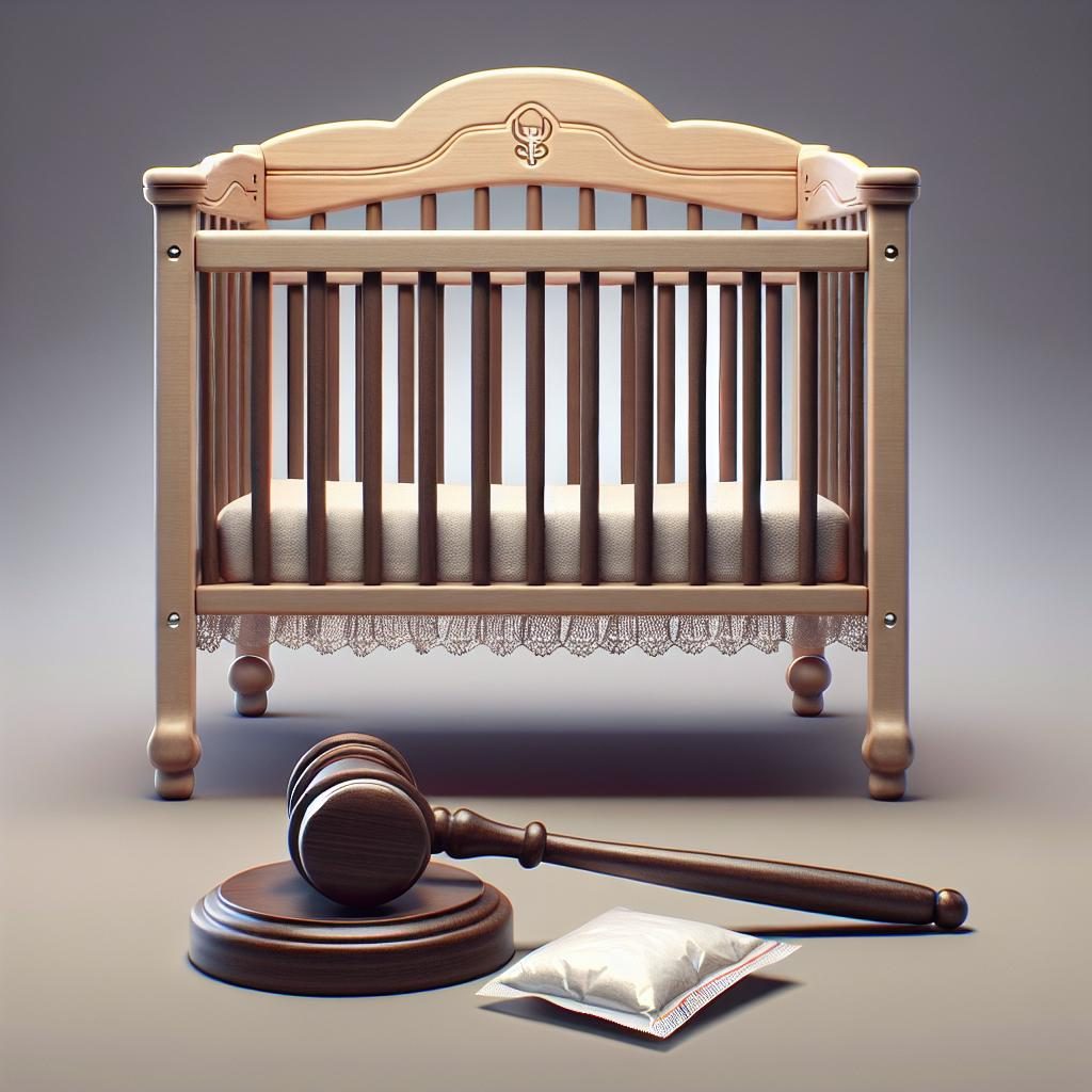 Empty baby crib, legal gavel, fentanyl packet