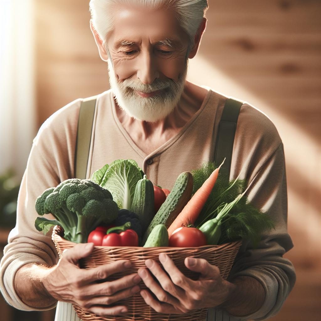 Elderly man donating vegetables