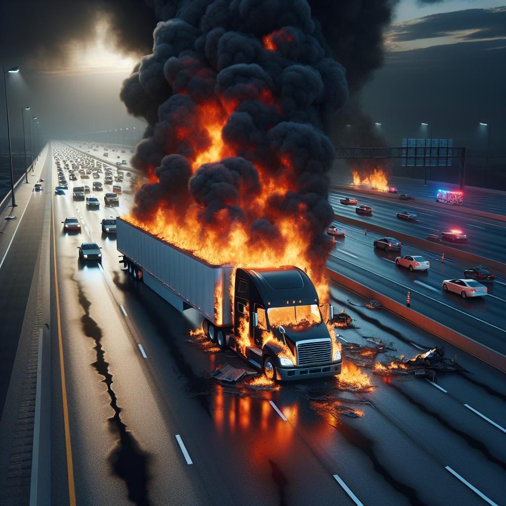 Burning semi-truck on highway