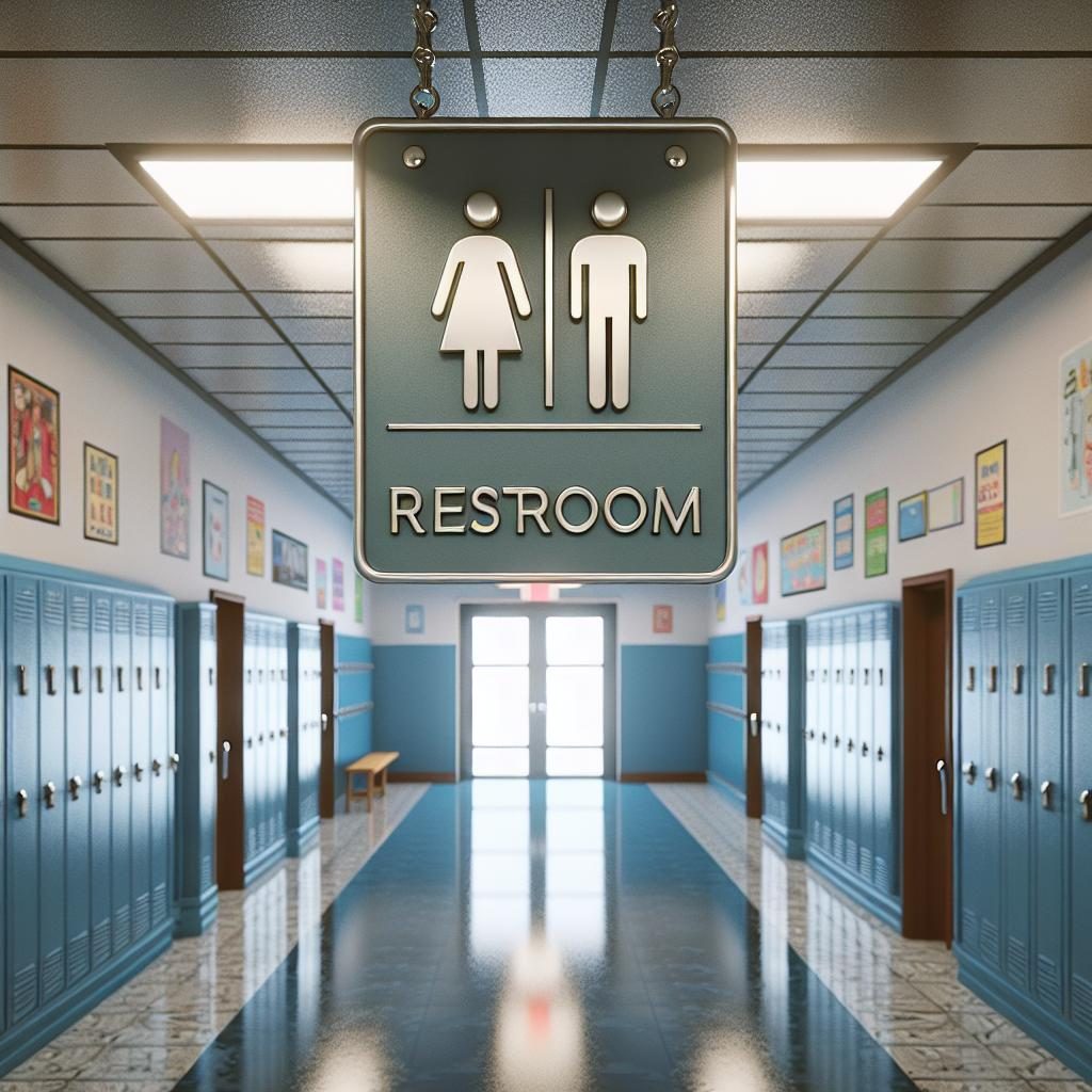 Gender-neutral restroom sign, school backdrop