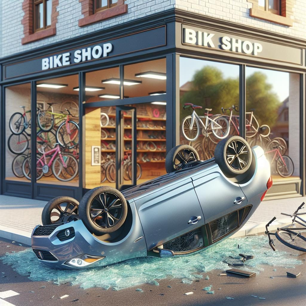 Flipped Car Near Bike Shop