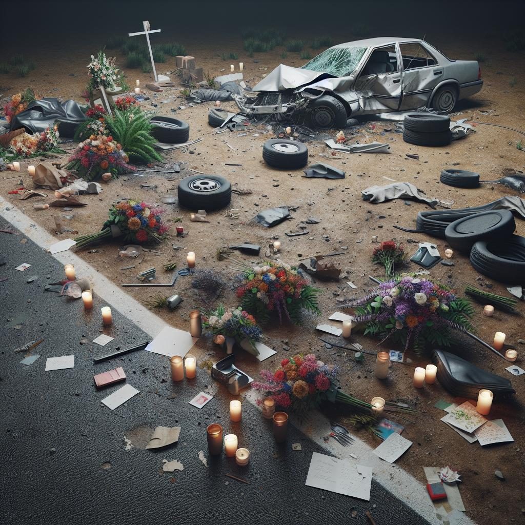 Car crash site with memorial