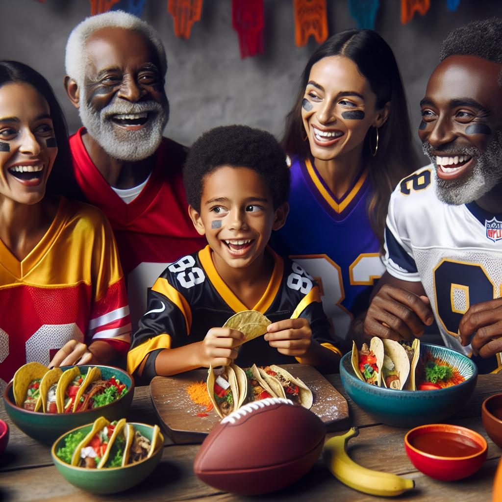 Football fans enjoying tacos