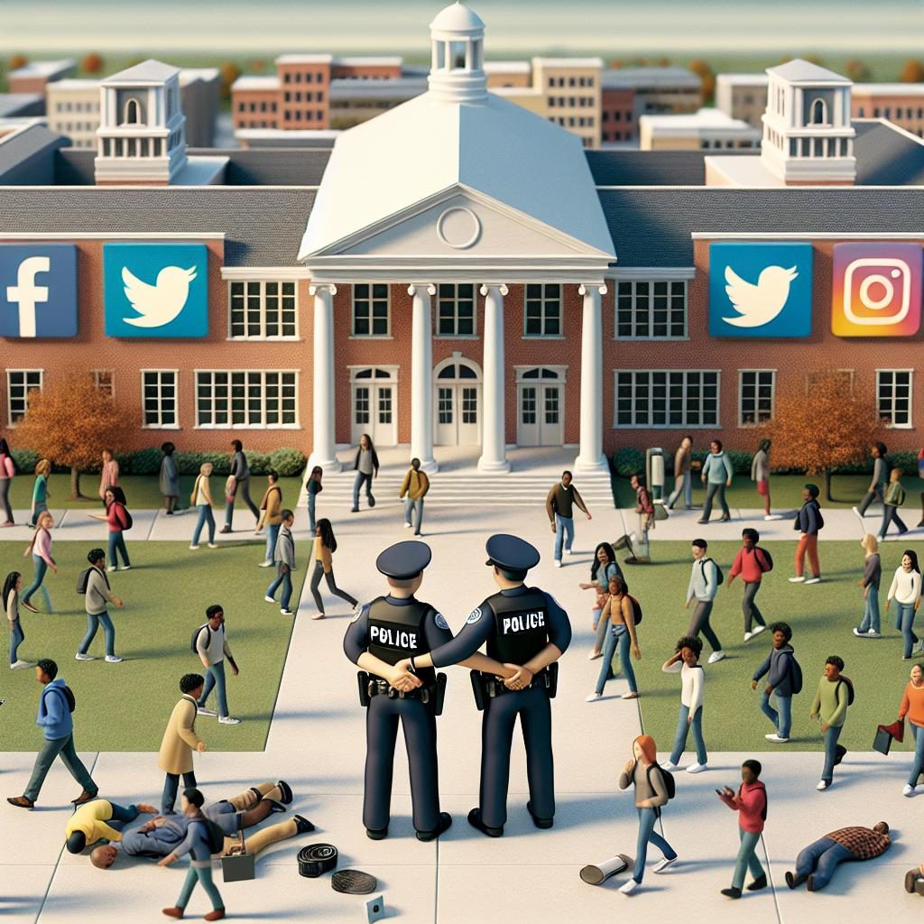 University campus, police arrest, social media icons