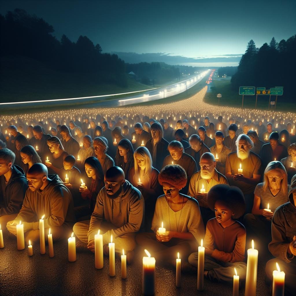 Somber roadside candlelight vigil