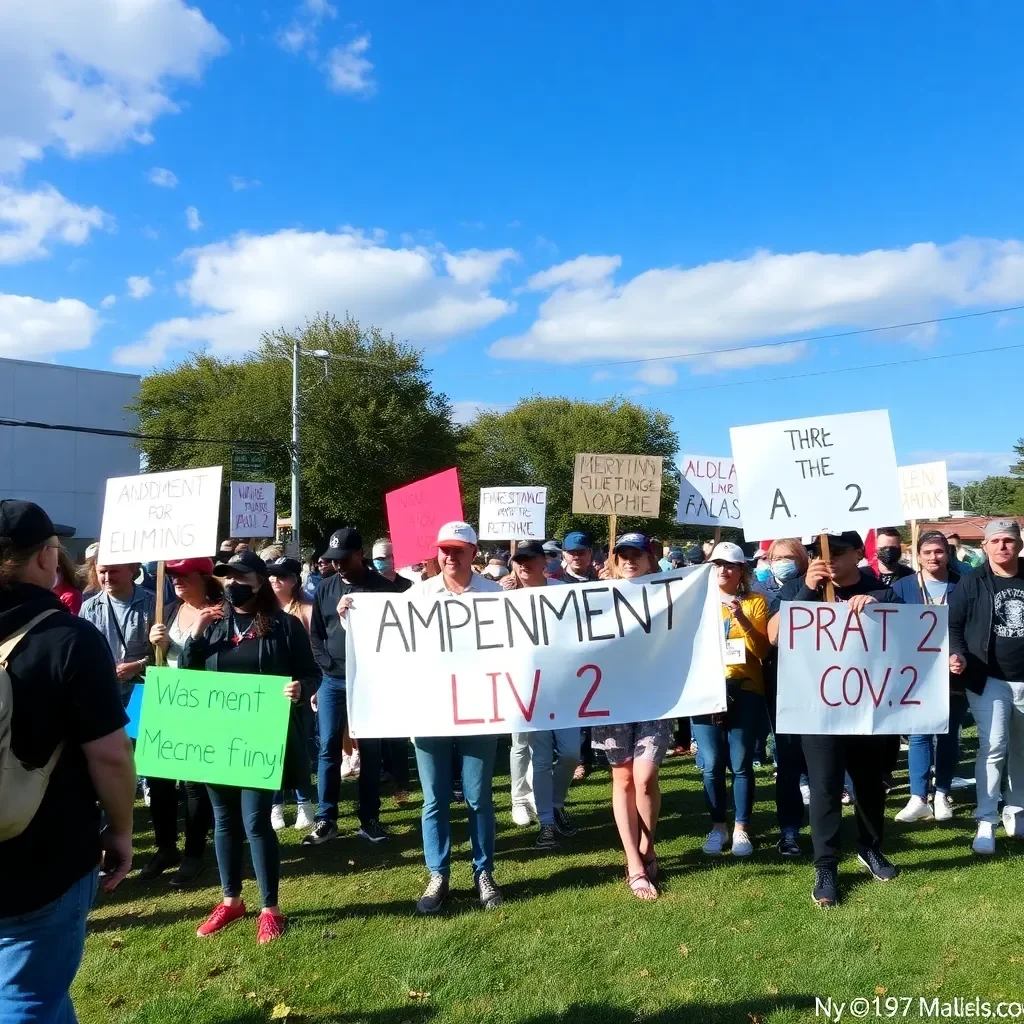 Community gathering with banners opposing Amendment 2.