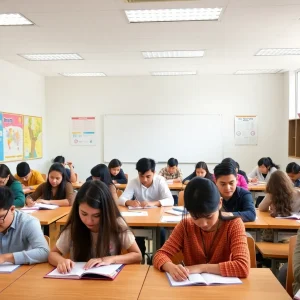 Classroom with diverse students studying together, bright environment.