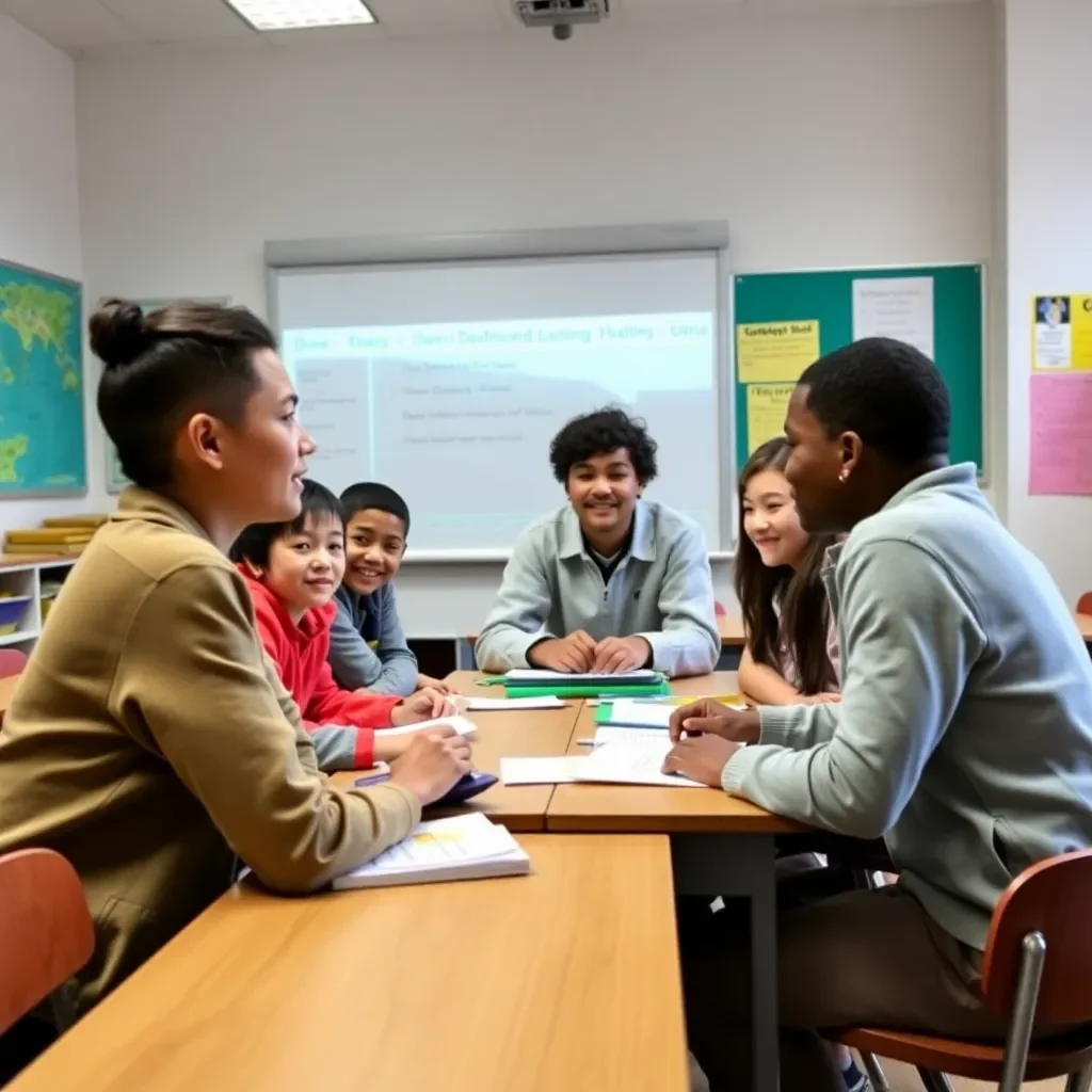 Classroom with diverse students and educational resources.