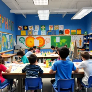 Vibrant classroom with students engaging in art projects.