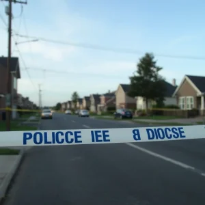 Police tape blocking a quiet suburban street scene.