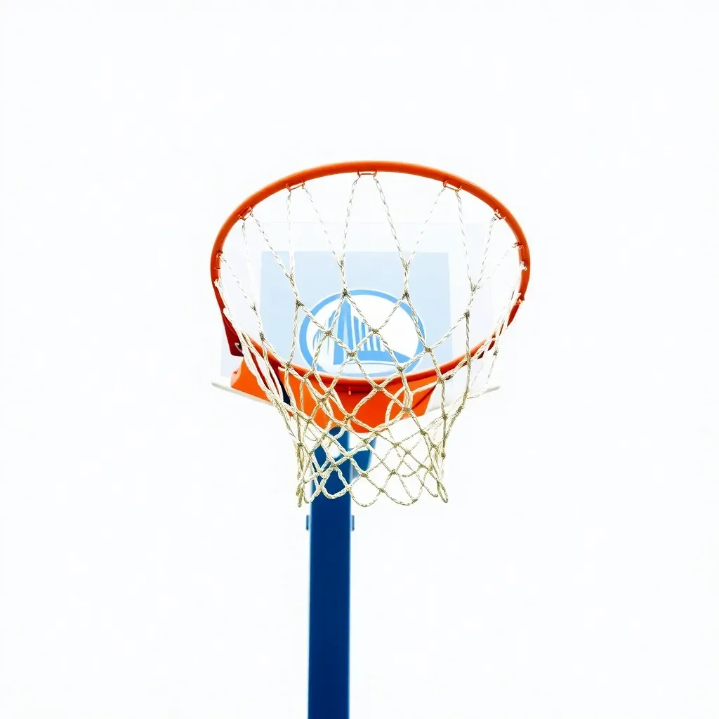 Basketball hoop with blue and white team colors.