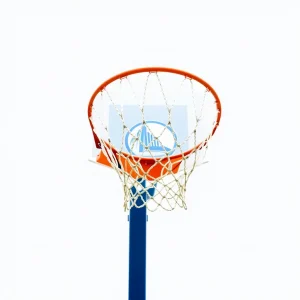 Basketball hoop with blue and white team colors.