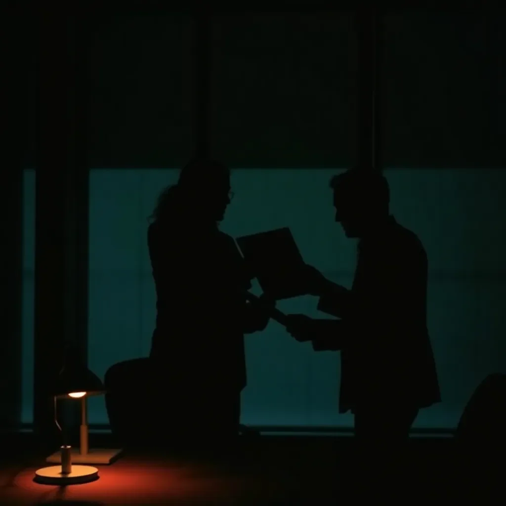 Silhouetted hands exchanging confidential documents in a shadowy office.