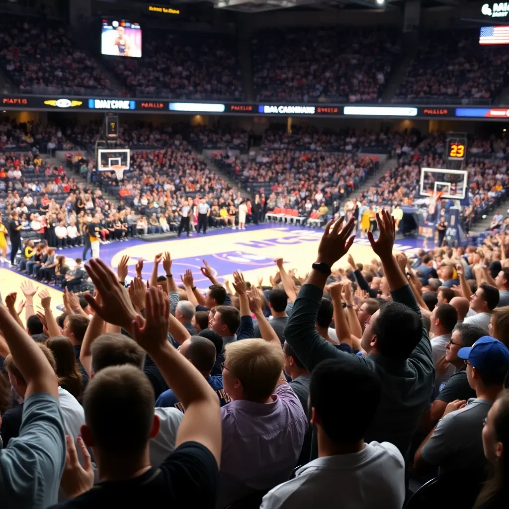 Energetic crowd cheering in a packed basketball arena.