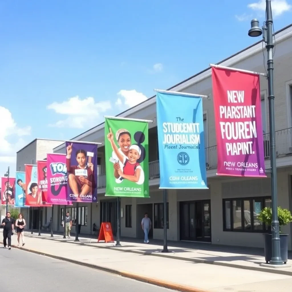 Vibrant banners showcasing student journalism in New Orleans.