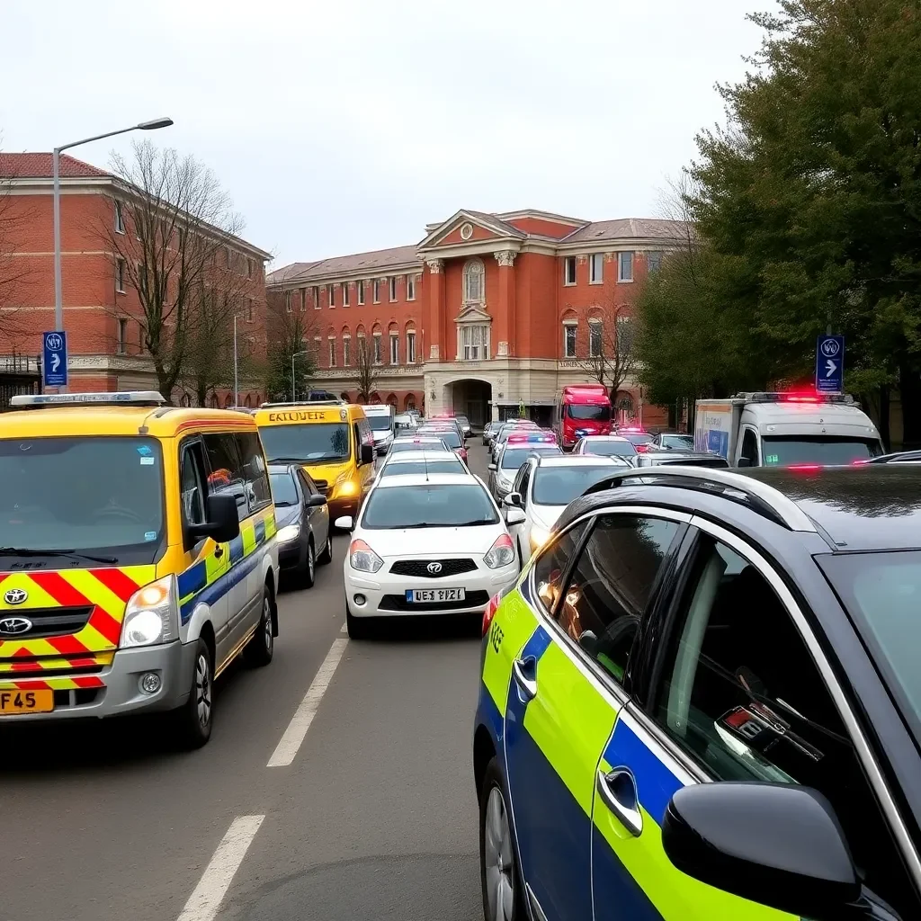 Traffic jam near university with emergency vehicles present.