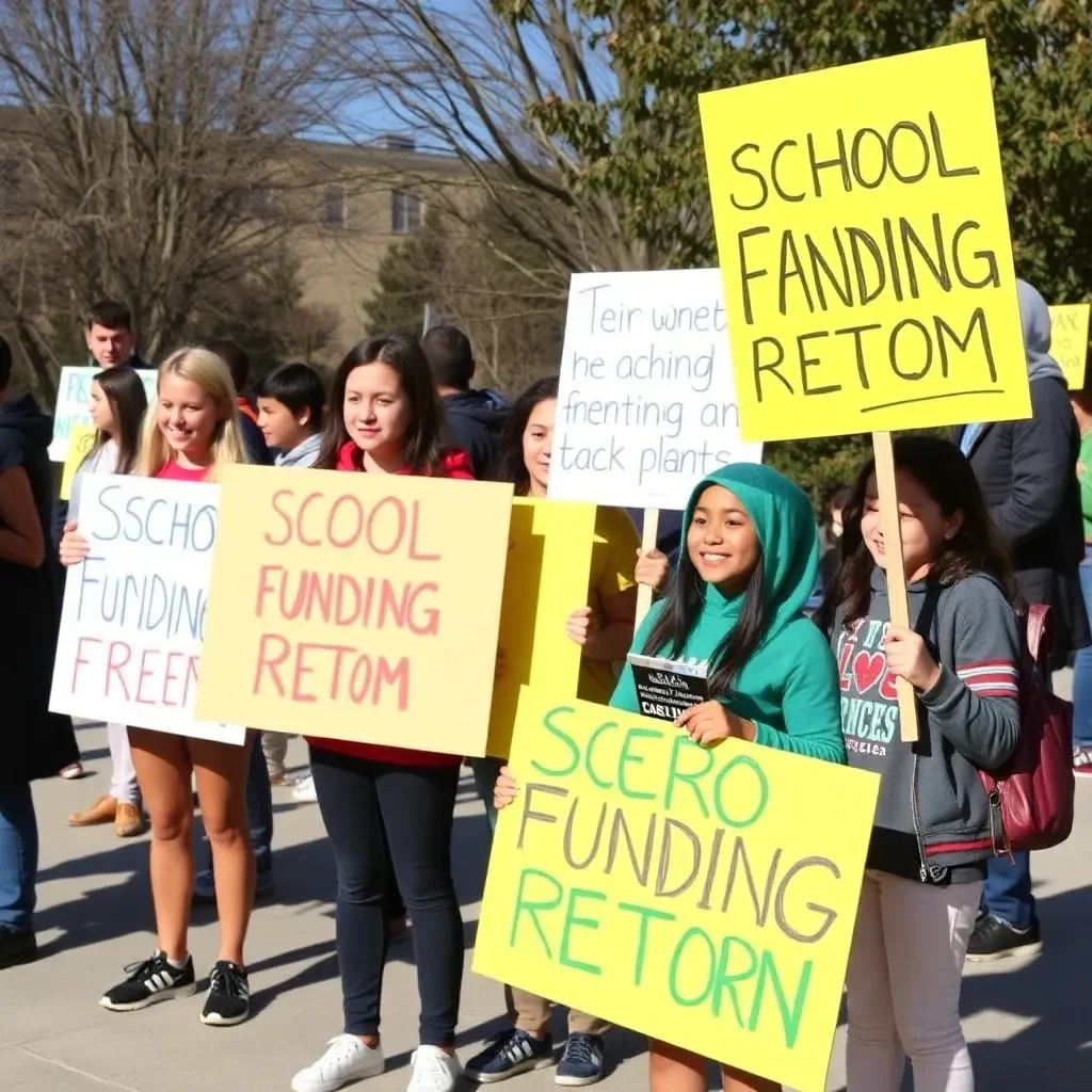 Students holding signs advocating for school funding reform.