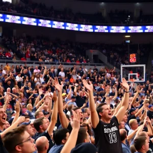 Excited crowd cheering in a packed basketball arena.