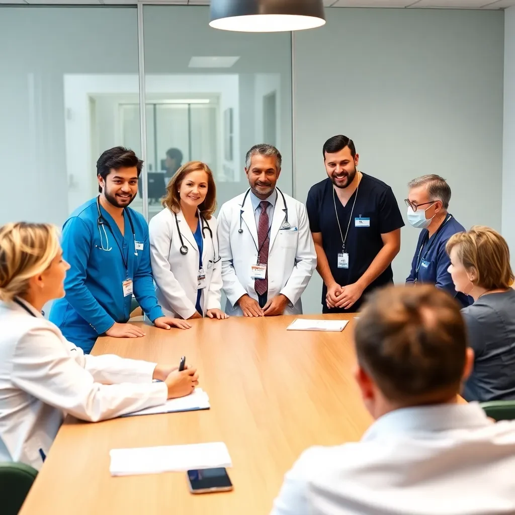 Diverse healthcare professionals collaborating in a meeting room.