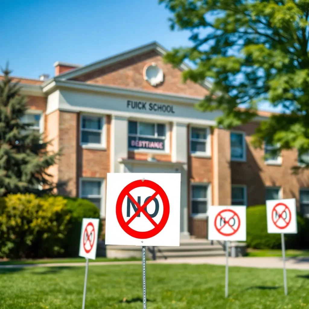 School building with "No Funding" signs in foreground.