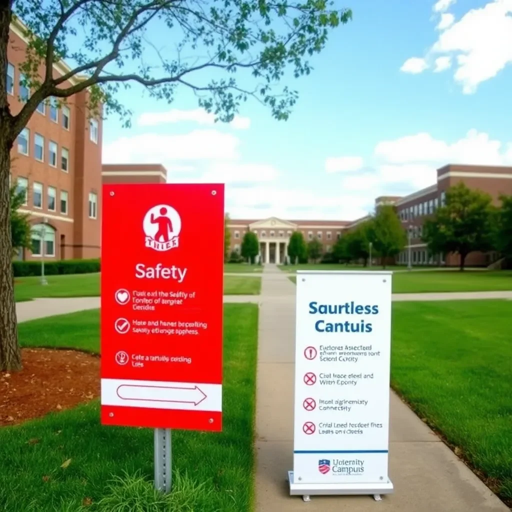 University campus with safety signs and awareness banners.