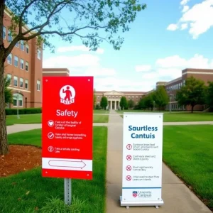 University campus with safety signs and awareness banners.