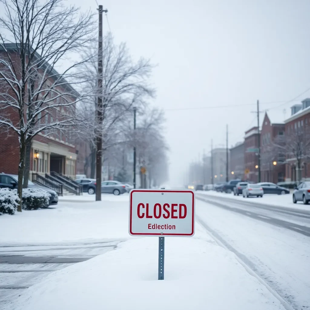 Snow-covered streets with closed school sign in foreground.