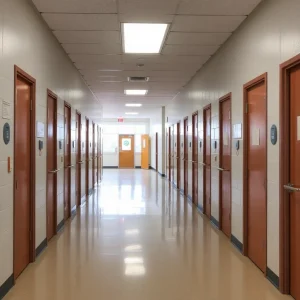 Empty school hallway with closed classroom doors.