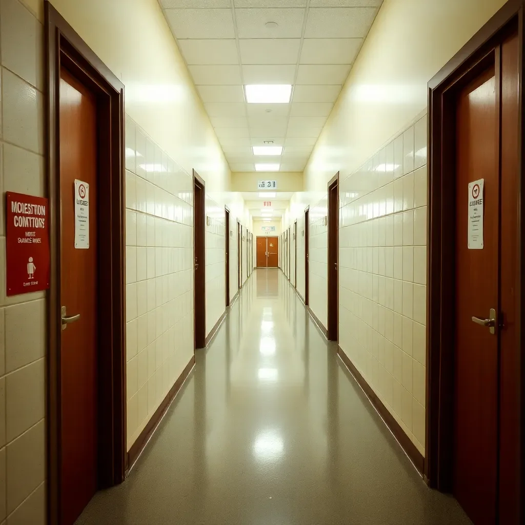 Empty school hallways with locked doors and safety signs.