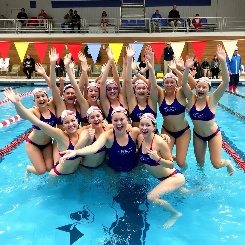 Energetic swimming team celebrating a successful competition.