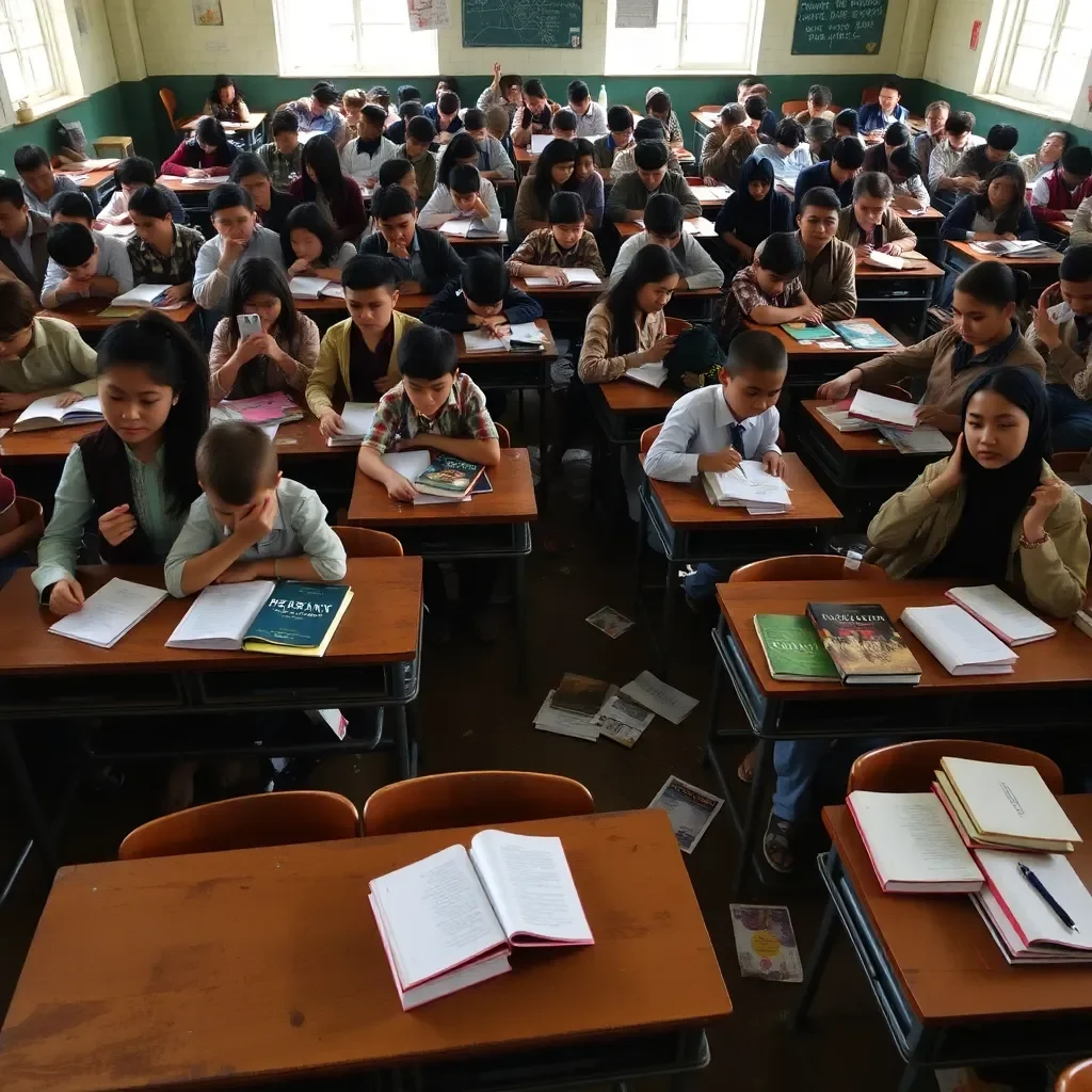 Overcrowded classroom with empty desks and scattered books.