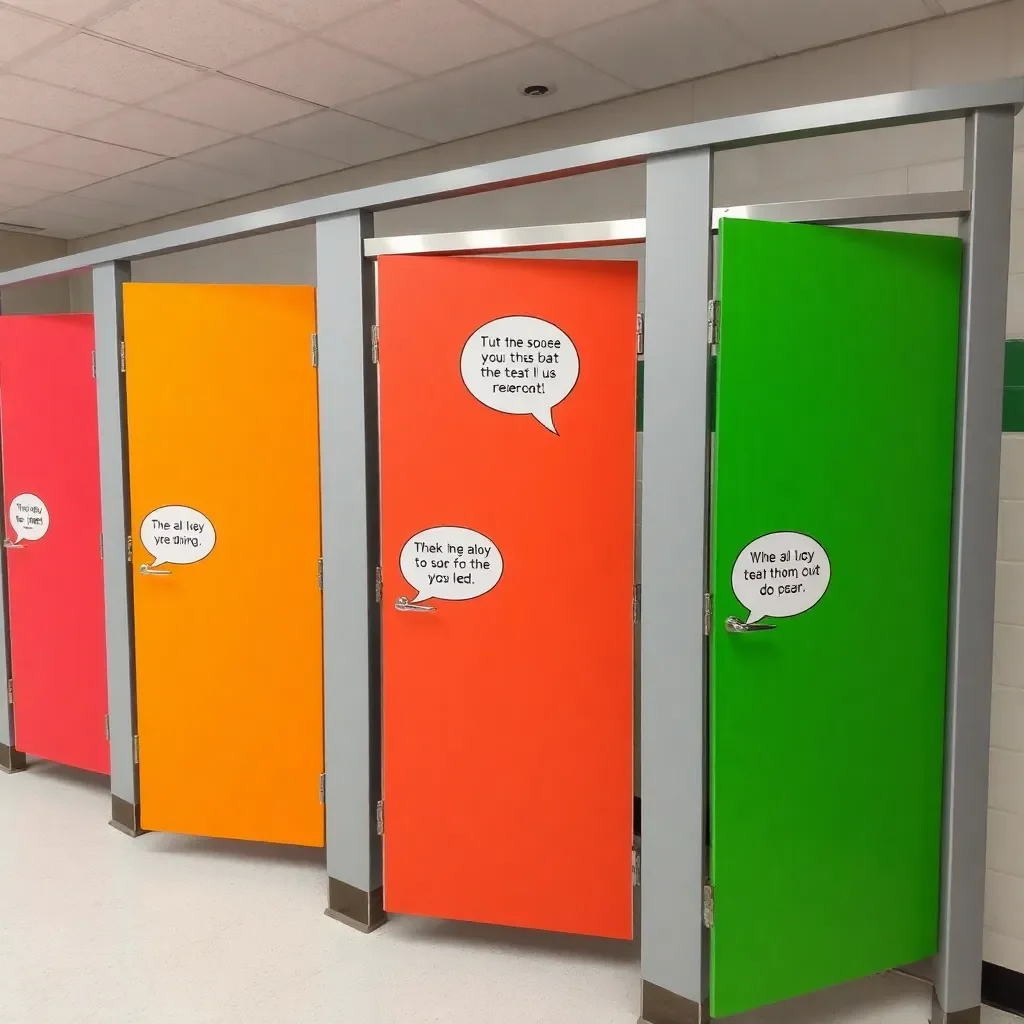 Colorful school restroom stall doors with debate speech bubbles.