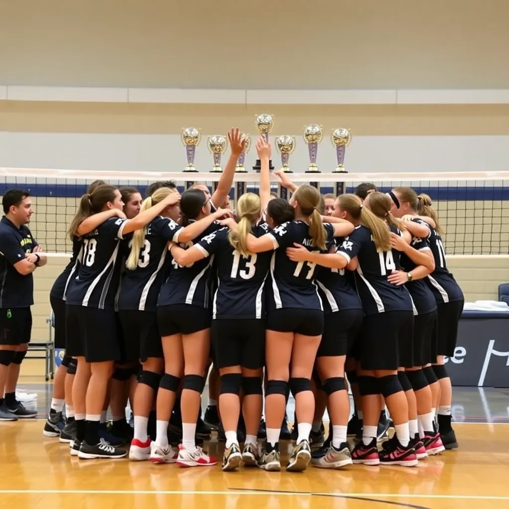 Team huddle celebrating triumph with volleyball trophies in background.