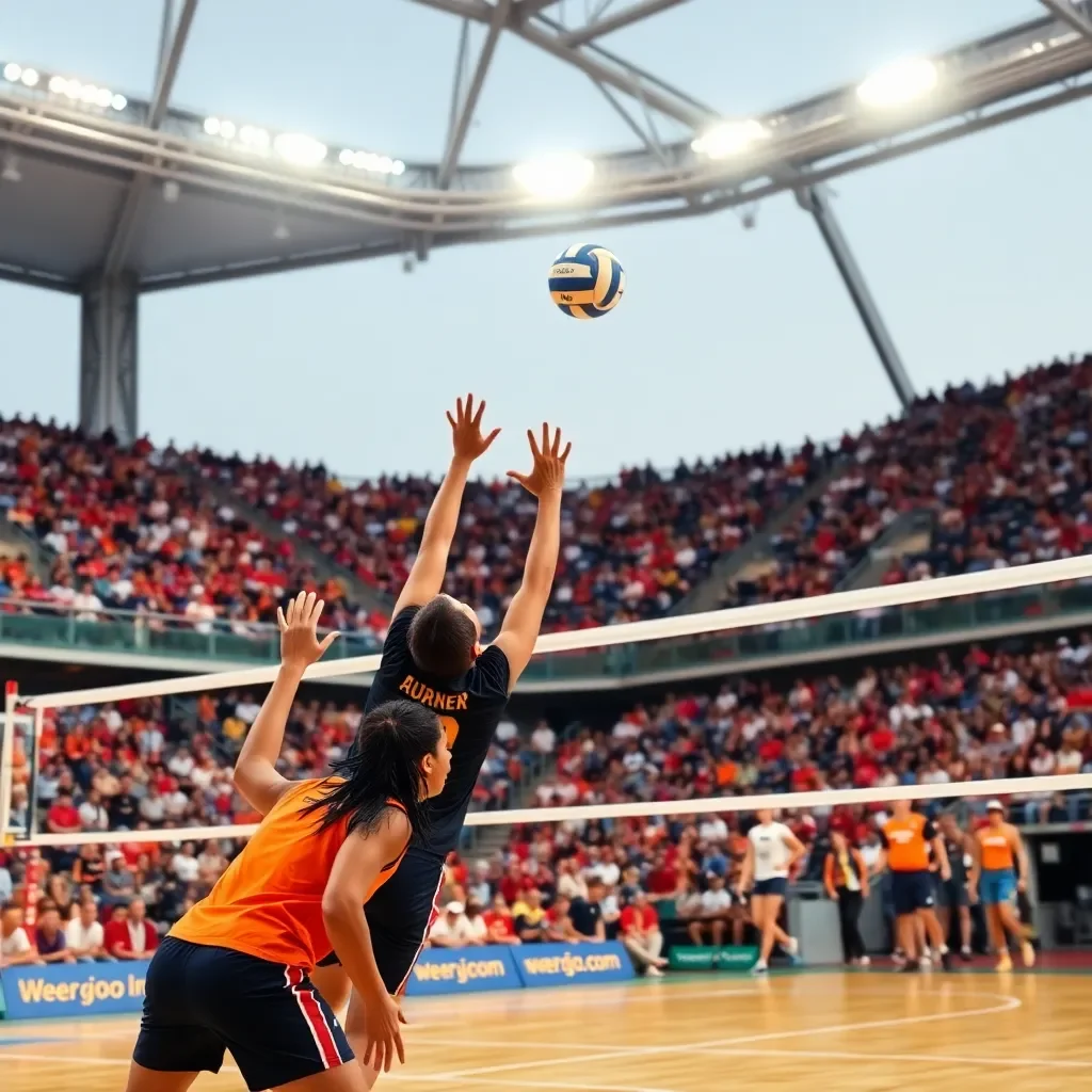 Dynamic volleyball action with vibrant crowd in stadium.