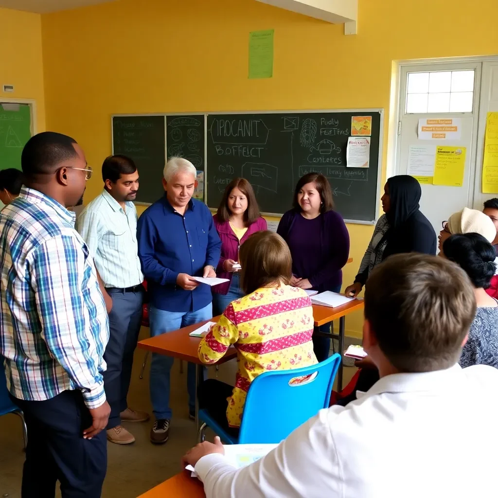 Community members brainstorming in a vibrant classroom setting.