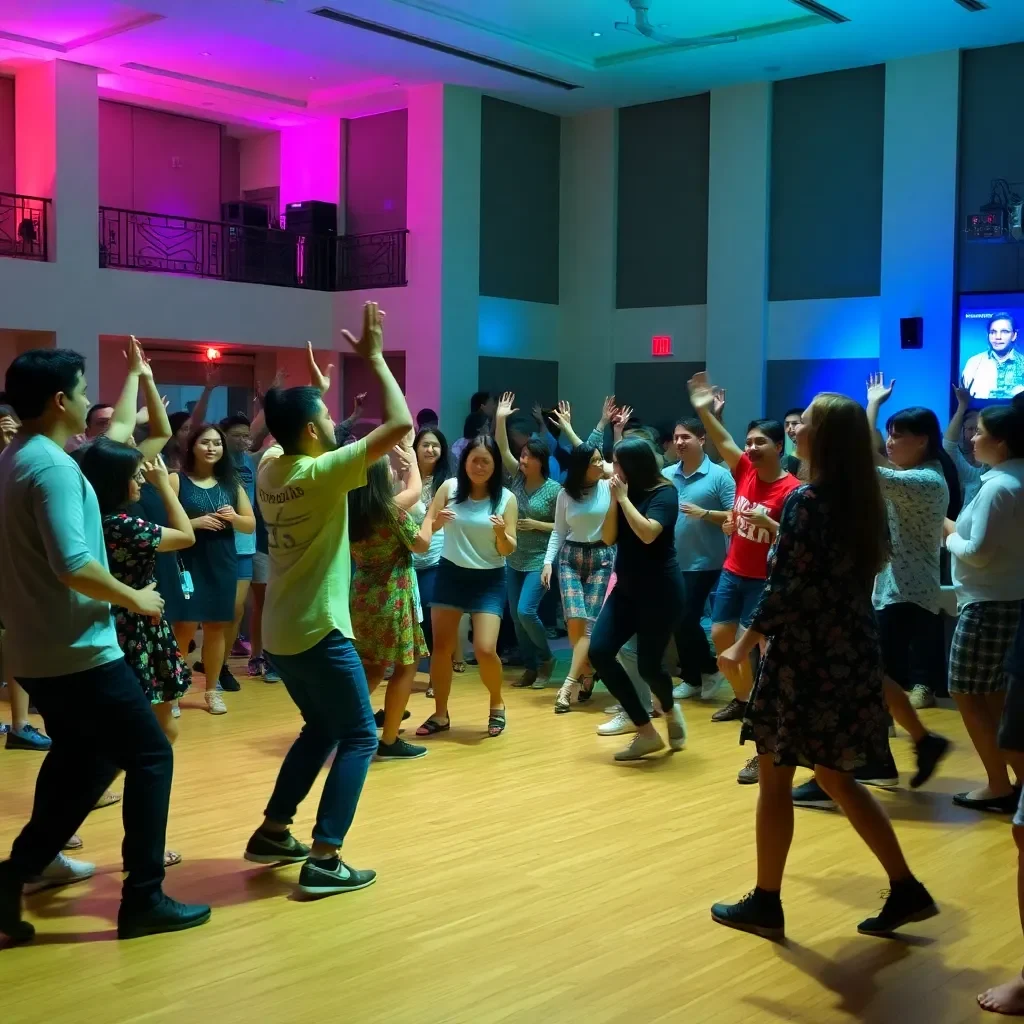 Energetic group dance at a vibrant university event.