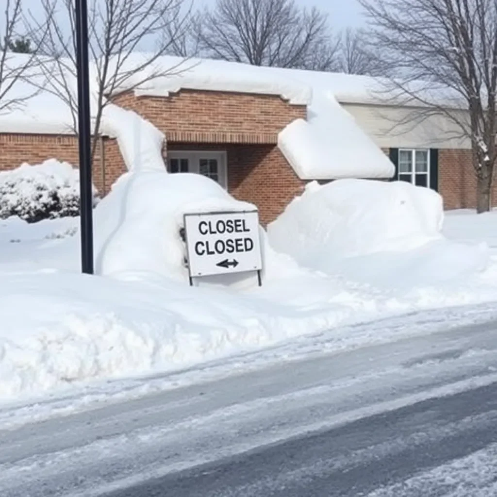 Snow-covered school entrance with closed sign and icy roads.