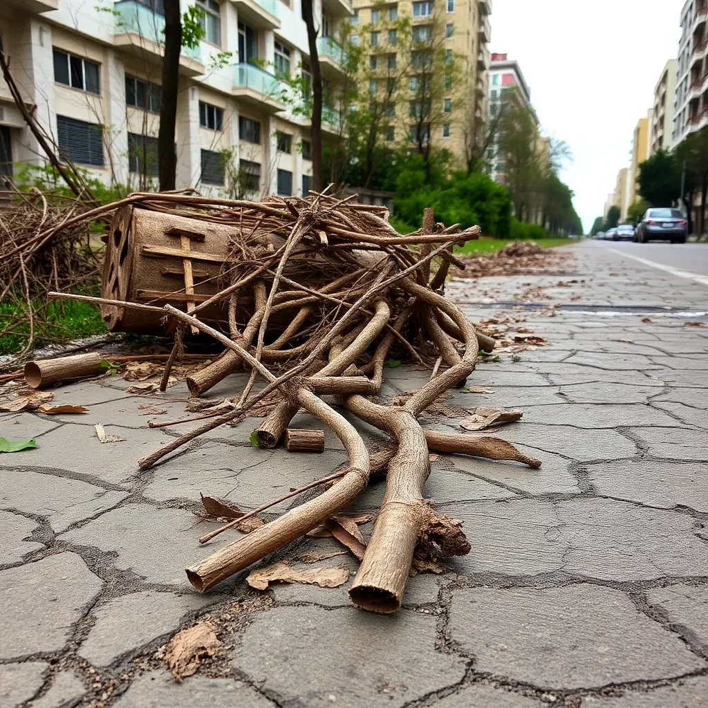 Cracked pavement and fallen debris in urban landscape.