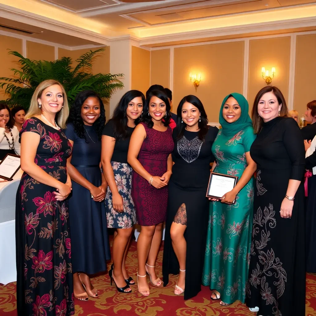 Elegant group of young women celebrating community achievement.