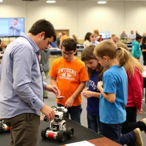 Robotic competition arena with students engaging in STEM activities.